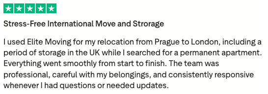Five star Trustpilot review for Elite Moving praising Prague to London move with storage